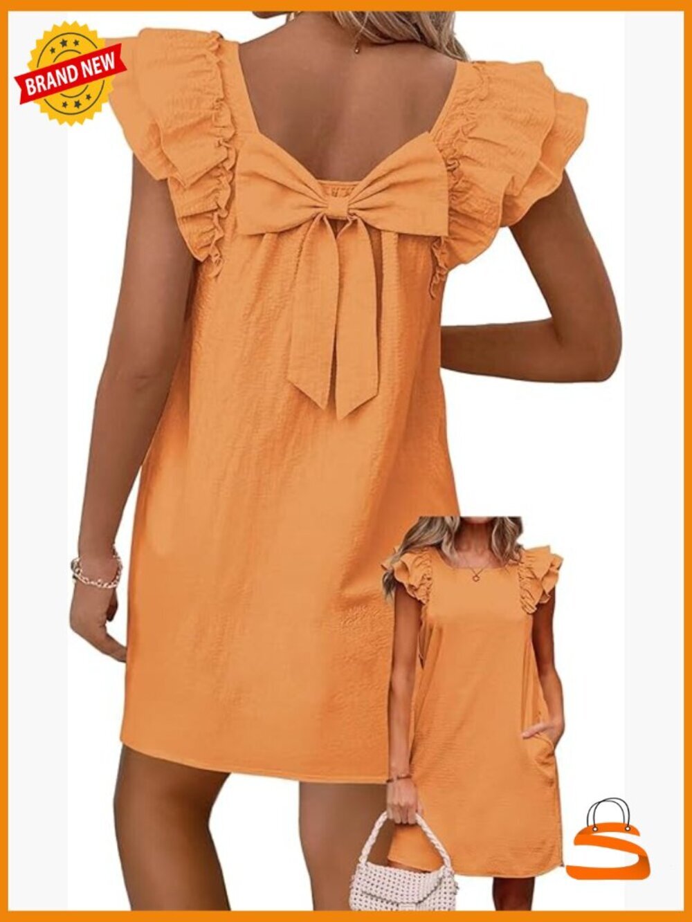 Bow Tie Back Ruffle Short Sleeve Sundress with Pockets A-Line Knee-Length